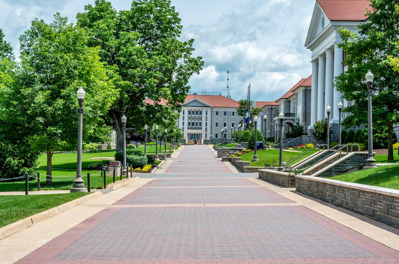Scenic view of a beautifully landscaped college campus with historic buildings and a tree-lined pathway.